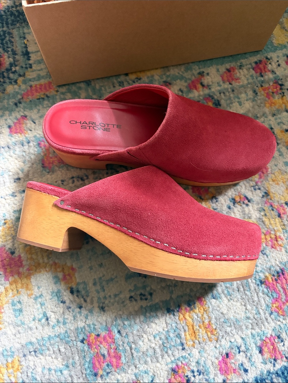 Charlotte Stone Raspberry Red Suede Clog Mules with Wooden Platform